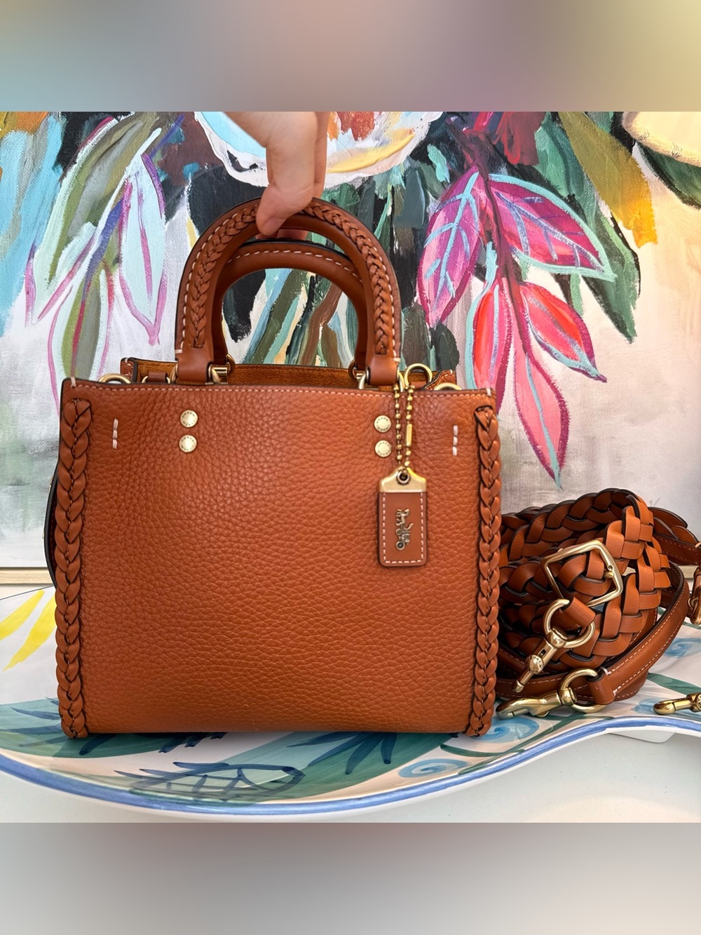 Rare COACH Rogue 20 Braided Trim Pebbled Leather Satchel Crossbody Brown